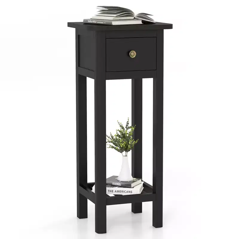 Costway Solid Wood Side Table Telephone Table with Drawer & Open Shelf for Living Room