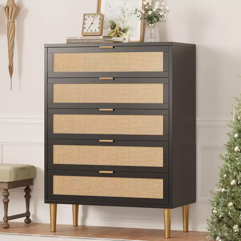 Rattan 5 Drawer Dresser 44 Tall Narrow Chest, Black Farmhouse Wooden Vertical Dresser with Metal Legs & Handles for Bedroom & Living Room
