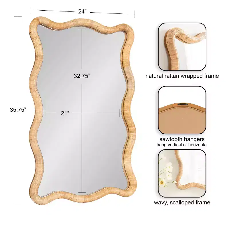 Kate & Laurel All Things Decor 24"X36" Rahfy Rattan Rectangle Scallop Mirror Natural