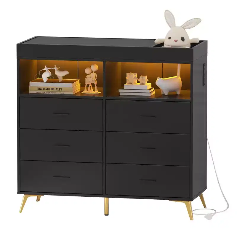 Storage cabinet with drawers, changing table dresser, power socket, with light and metal legs, suitable for living room, bedroom and baby room