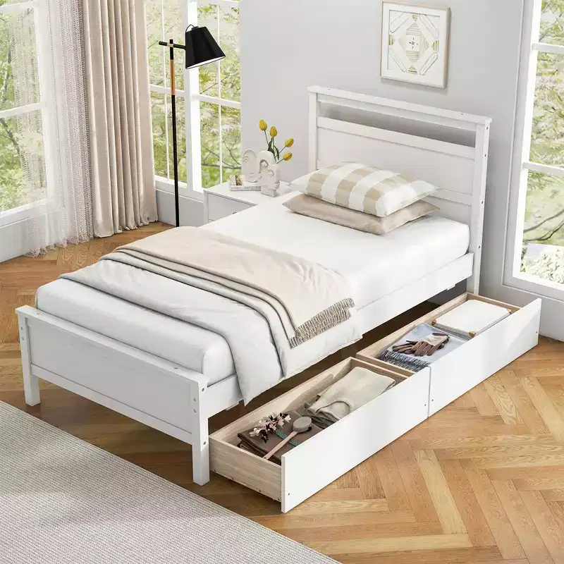 Costway Twin Size Platform Bed w/ Drawers 2 Pull-out Drawers Headboard & Footboard White