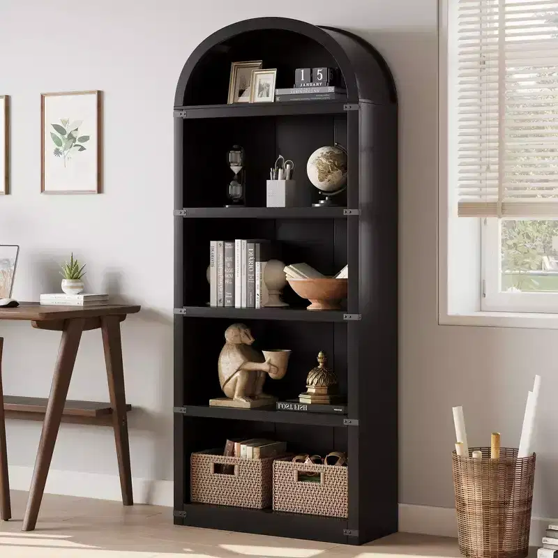 Bookcase 5 Shelf Arched Bookshelf 71.65 in Tall Bookcase Farmhouse Display Storage Rack Wooden Bookshelves for Home Office, Living Room