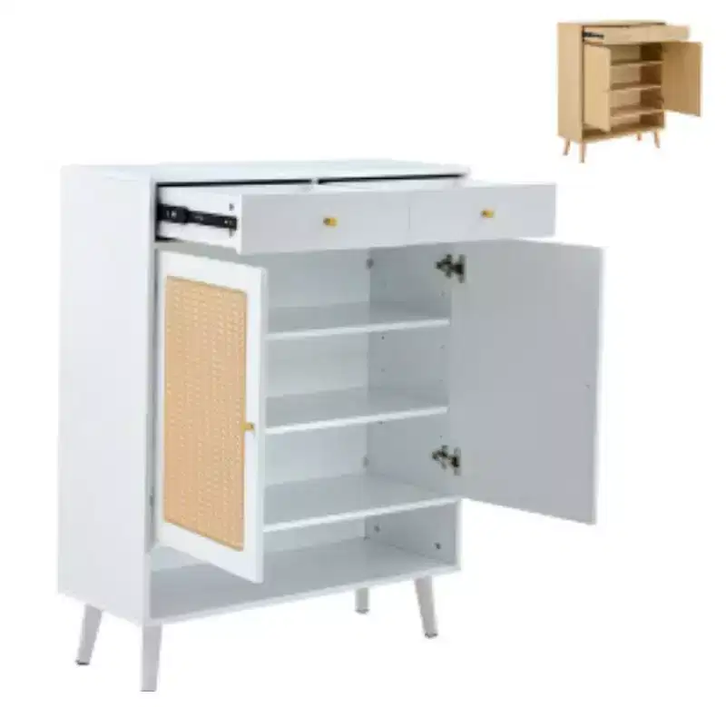 Retro-Style Rattan-Pattern Shoe Cabinet Wood-Grain Texture Fresh Design Essential Entryway Storage Furniture