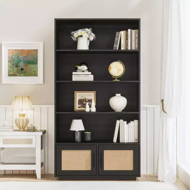 5-Tier Wooden Bookcase with Rattan Doors  Tall Bookshelf with Storage for Living Room, Bedroom, Home Office and Kitchen