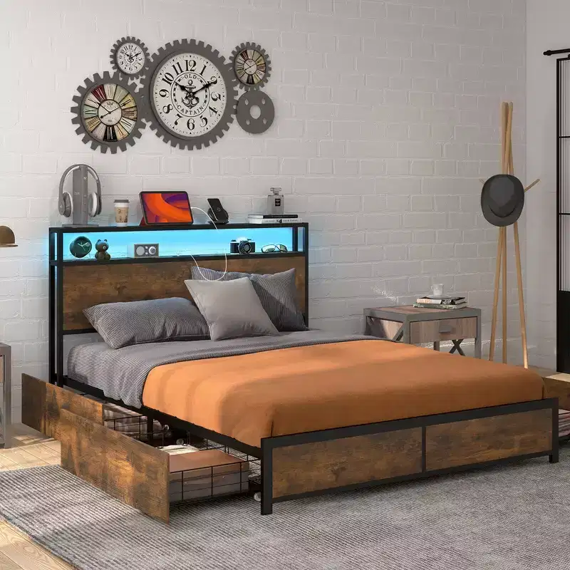 Full/Queen Industrial Platform Bed Frame with Storage Drawers & LED Lights Headboard