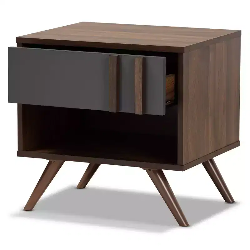 1 Drawer Two-Tone Wood Nightstand Gray/Walnut Bedside Storage, Splayed Legs, Retro Design