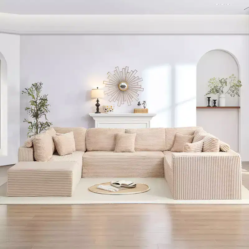 Mjkone 136 U-Shaped Modular Corduroy Sectional Sofa,Modern 7-Seater Deep Seats Sofa with Movable Ottoman