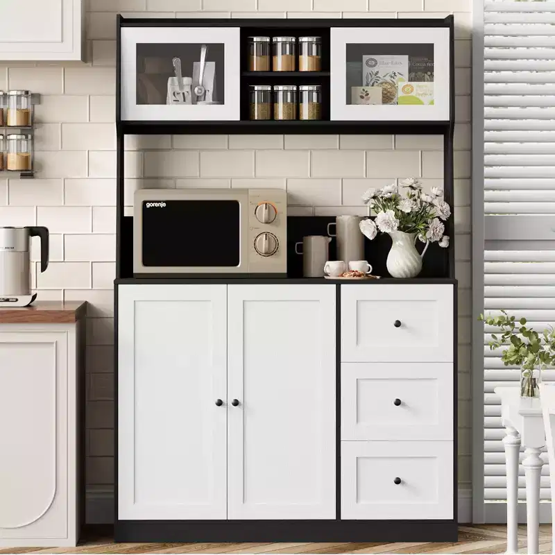 GustoWave Kitchen Pantry Cabinet, Buffet Cabinet with Countertop for Microwave Stand, Tall Sideboard Storage Hutch Cabinets with LED, 3 Drawers