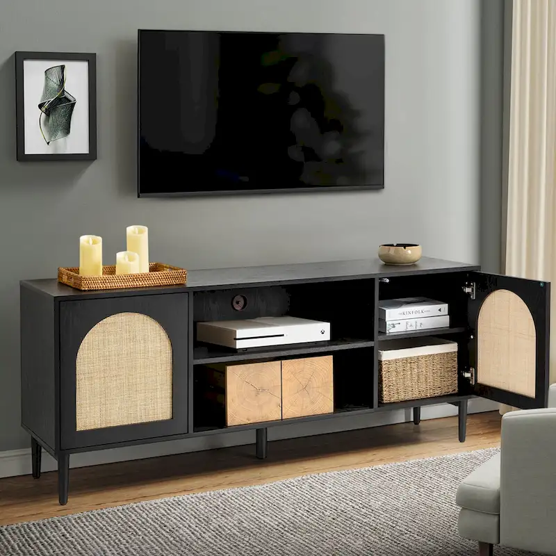 Modern Rattan TV Stand Entertainment Centers with Push-to-Open Doors