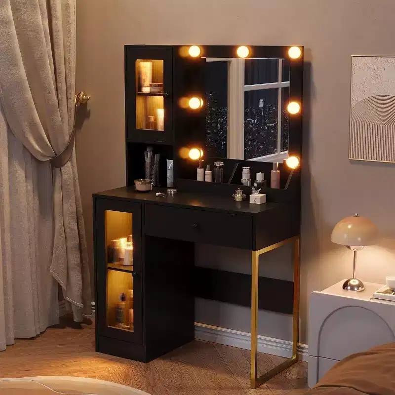 Modern Makeup Vanity Desk with Mirror, Charging Station, Ample Storage Drawers & Acrylic-Door Cabinets, Wooden Dressing Table for Bedroom