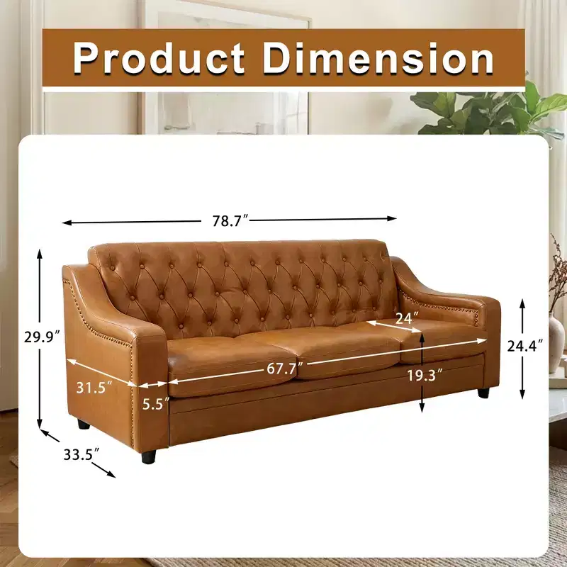 Dyonery 78.7 Chesterfield Faux Leather Sofa 3 Seater Couch,Mid-Century Large Sofa Classic Tufted Settee Modern PU Sofa with Channel Tufted Seat Back