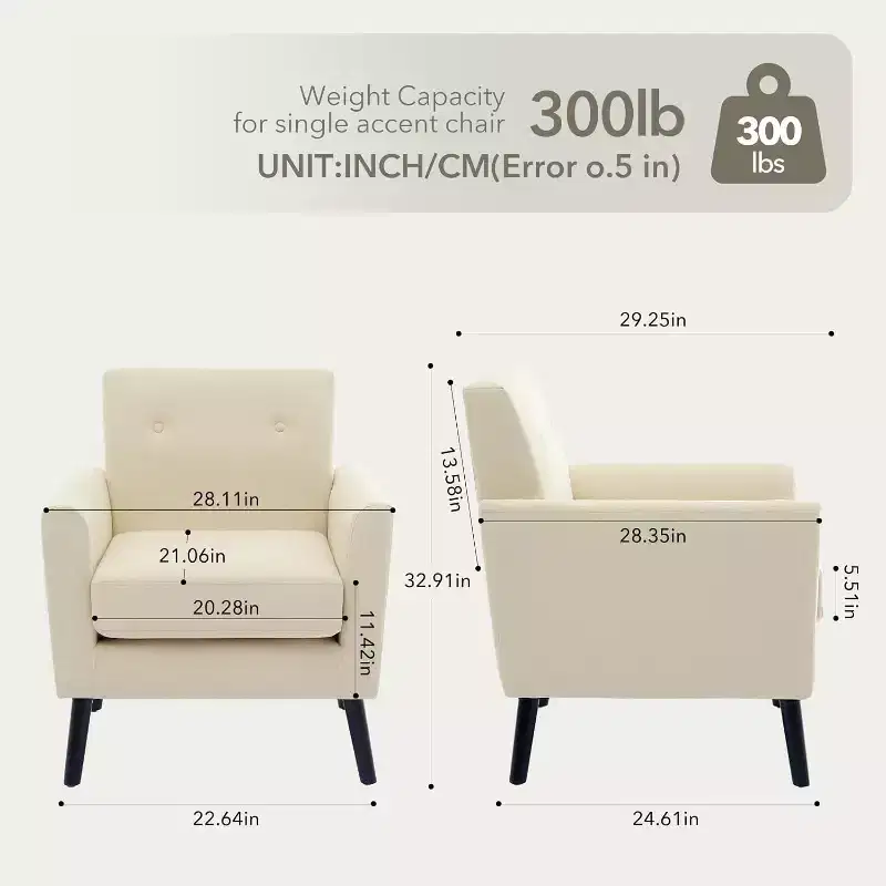 Accent Chair with Linen Fabric, Upholstered Armchair with Wood Legs & Thick Cushion