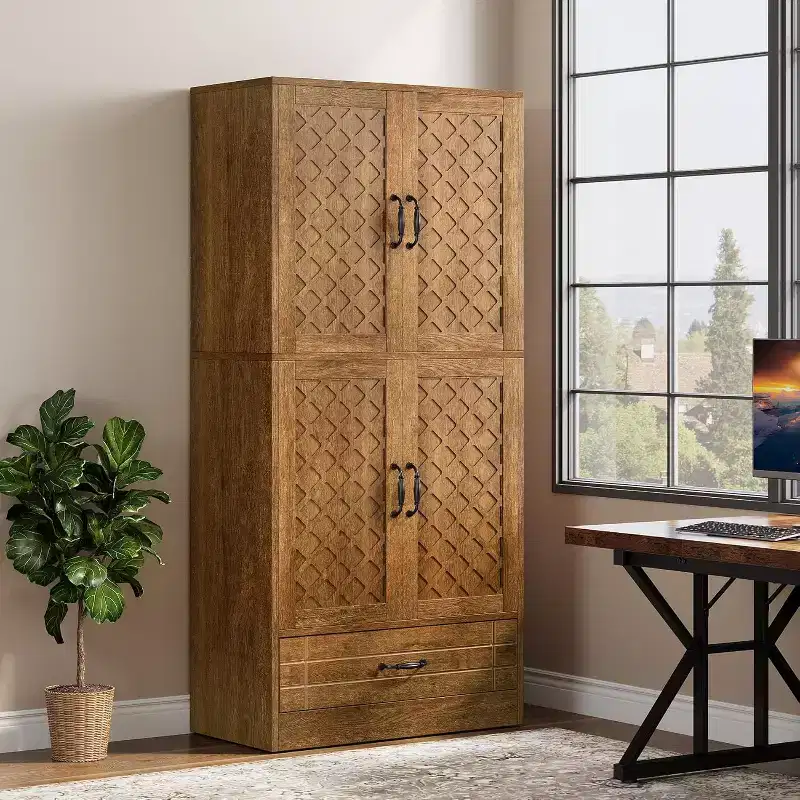 70 Wood Storage Cabinet, Retro Tall Accent Storage Cabinet with Doors & Drawer