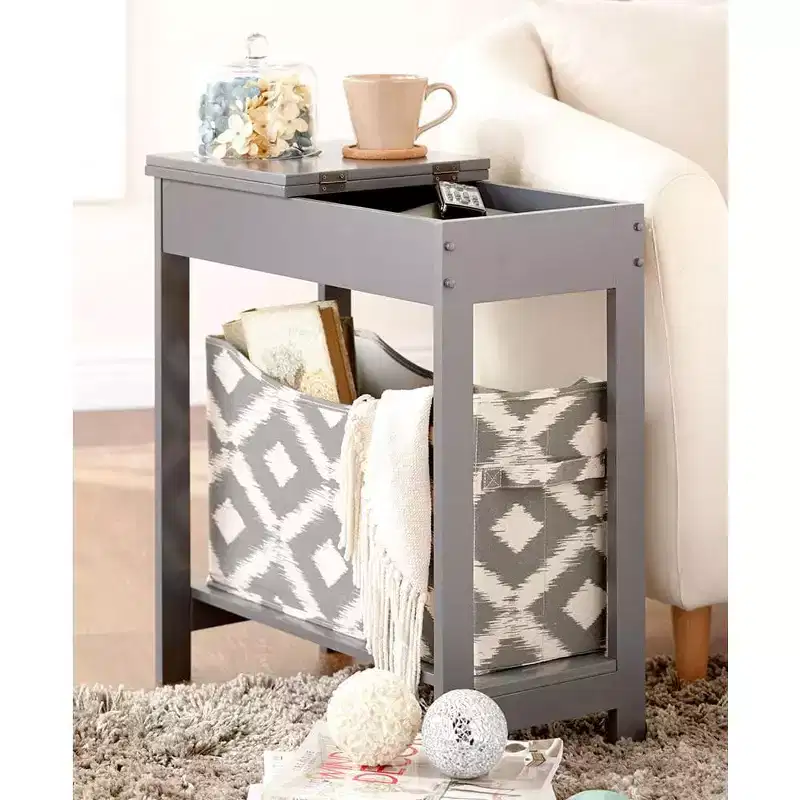 The Lakeside Collection Narrow Wood Side Table with Flip-Top and Fabric Storage Bin -