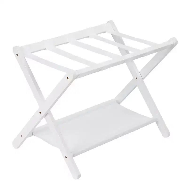 Folding Bamboo Luggage Rack with 2-Tier Shelf  White Suitcase Stand Holds 110 Lb, Space-Saving Travel Organizer