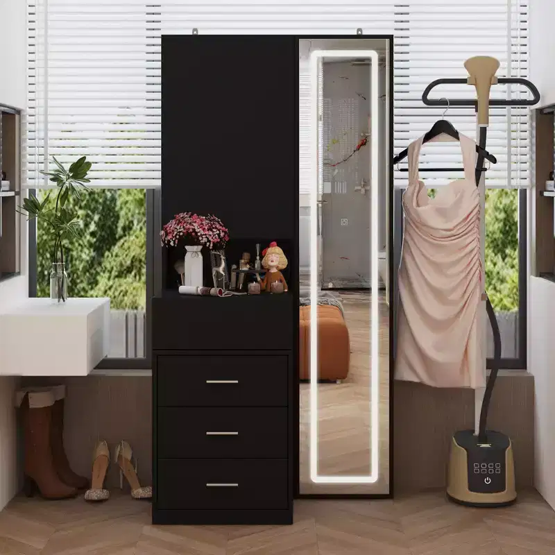 Vanity Cabinet with Full-Size LED Mirror and Divided Drawers, Bedroom Makeup Organizer, White/Black/Pink