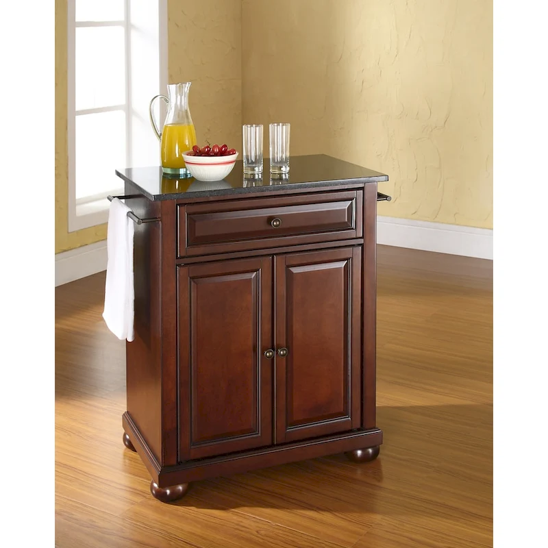 Crosley Alexandria Solid Black Granite Top Portable Kitchen Island in Vintage Mahogany Finish - 18d x 31w x 33.5h