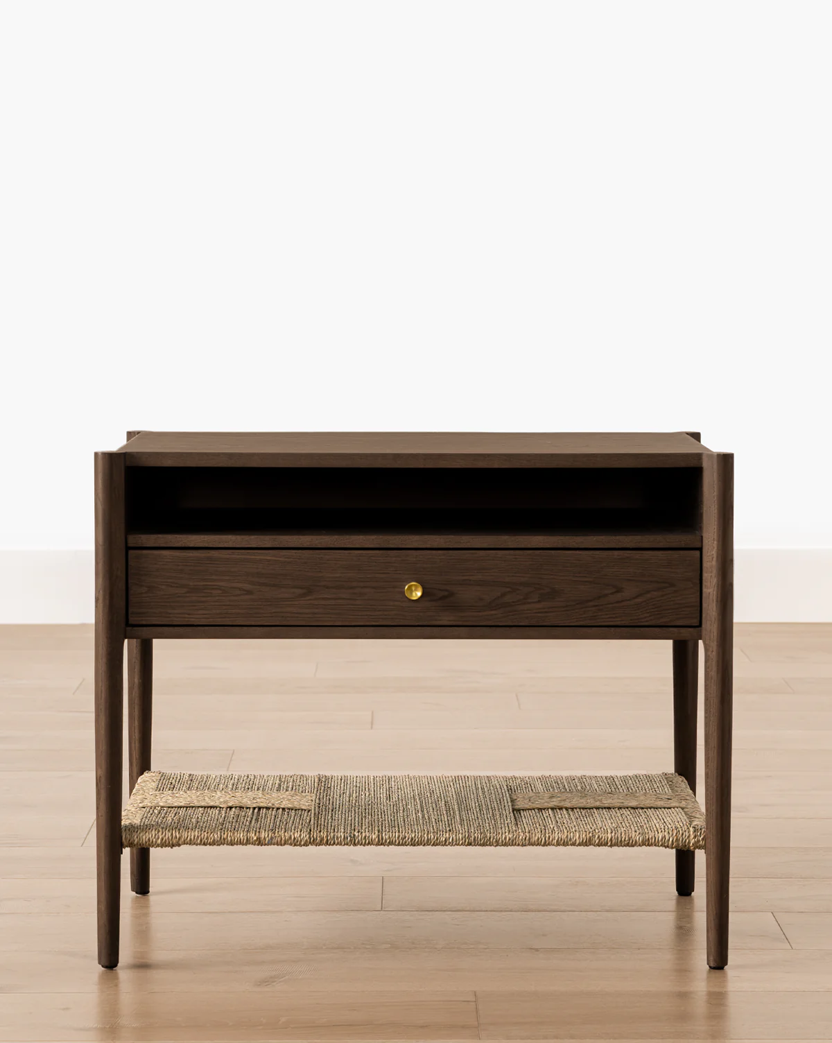 Coastal White Oak Nightstand with Woven Seagrass Shelf & Brass Hardware for Bedroom