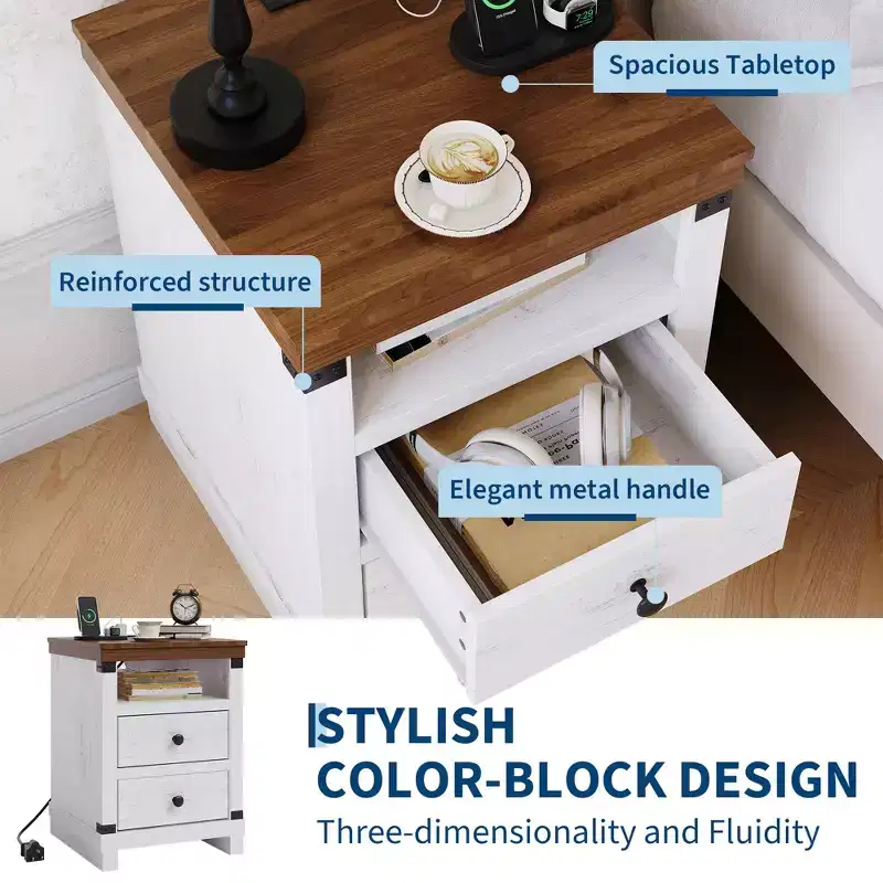 Nightstand with Charging Station, Wooden End Table with USB Ports & Power Outlets, 2 Drawer BedSide Table