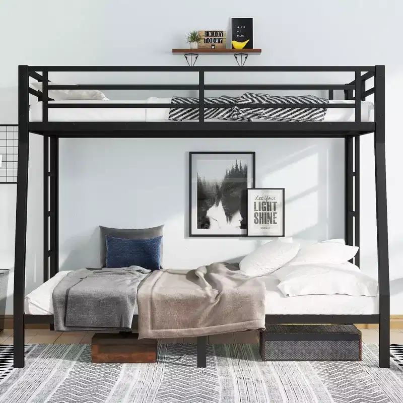Full XL over Queen Metal Bunk Bed with Dual Ladders and Under-Bed Storage