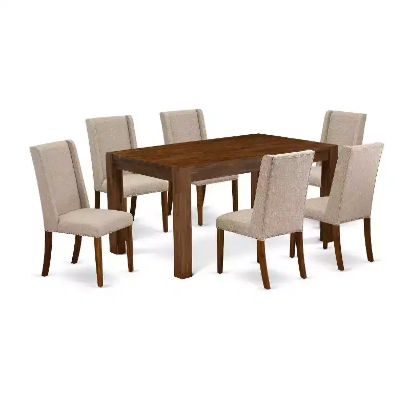 HomeStock 7-Piece Rectangle Natural Oak Finish Solid Wood Top Dining Table with 6 Parson Chairs