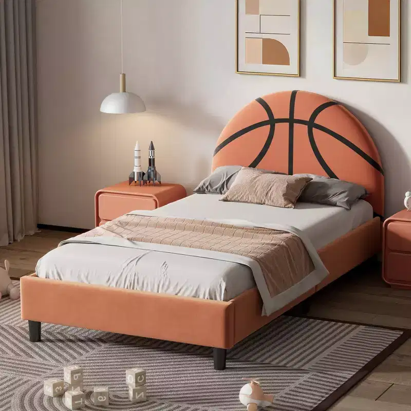 Twin Size Platform Bed, Sport Style Upholstered Bed Frame with Basketball Design for Boys & Girls, Teens, Orange