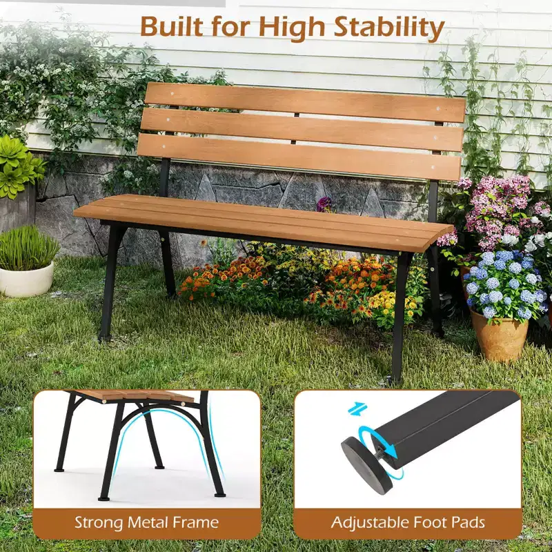 Costway Acacia Wood Patio Loveseat with Heavy Duty Metal Frame, Slatted Backrest and Seat Natural + Black
