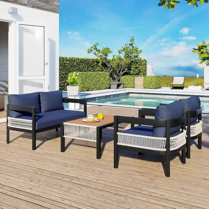 4 Pcs Outdoor Furniture Set, All-Weather Patio Conversation Set with Resistant Cushions, Sofa Chair and Coffee Table