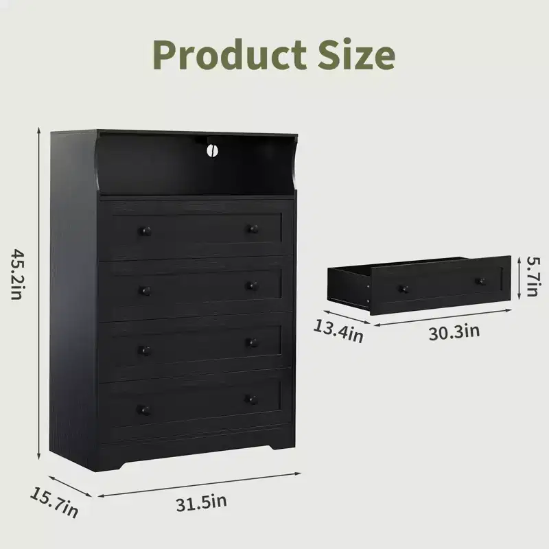 Wood 4-Drawer Dresser with LED Lights & Charging Station