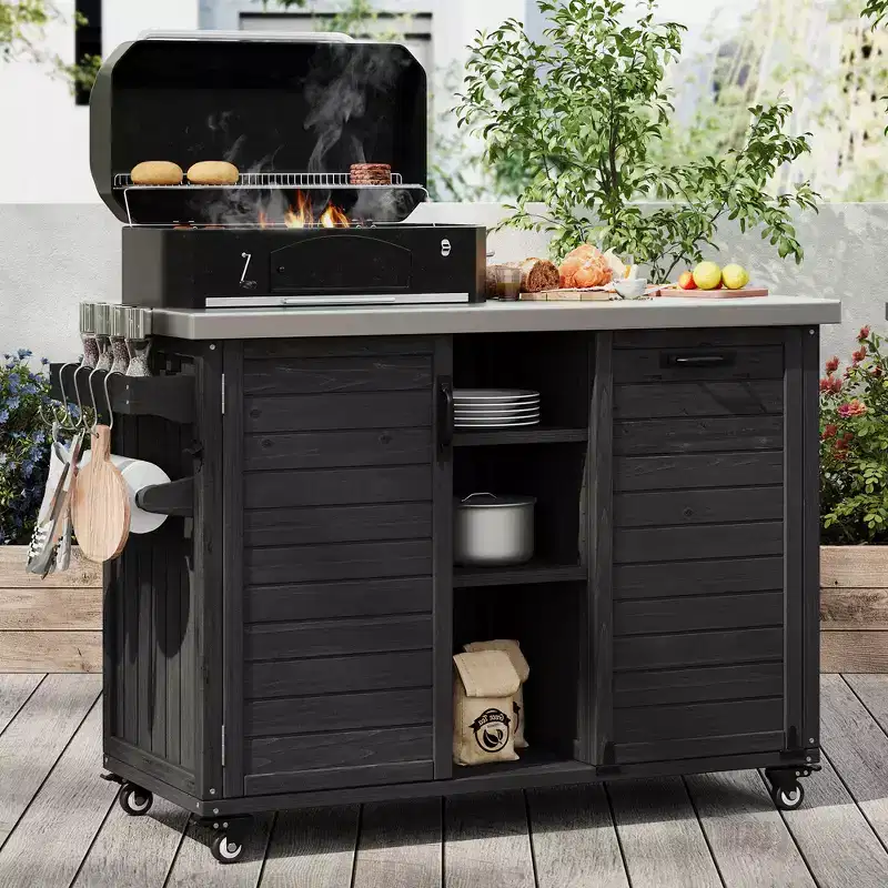 78.3-Inch Outdoor Kitchen Island with Stainless Steel Countertop, Foldable BBQ Station, and Storage Cabinets, Black