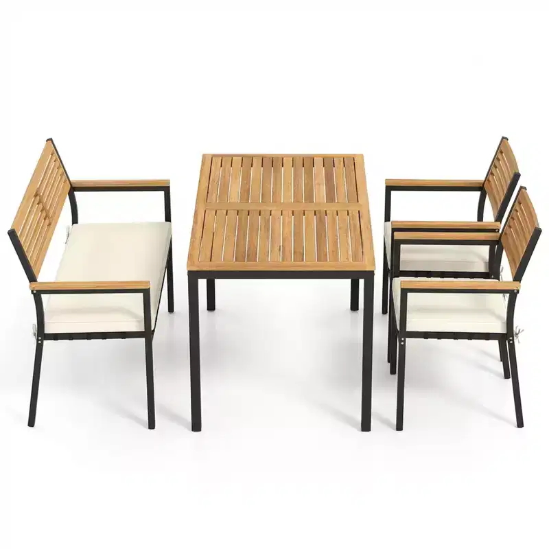 Gymax 4 PC Patio Furniture Set w/ Acacia Wood Table & Umbrella Hole 2 Stackable Chairs Bench Comfortable Cushions