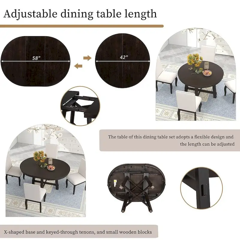 5 PCS Farmhouse Dining Table Set of 4 Chairs, Extendable