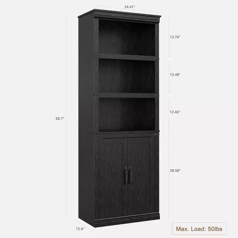 Farmhouse Bookcases with Doors, 5 Tier Bookshelf with Storage, Wooden Storage Cabinet