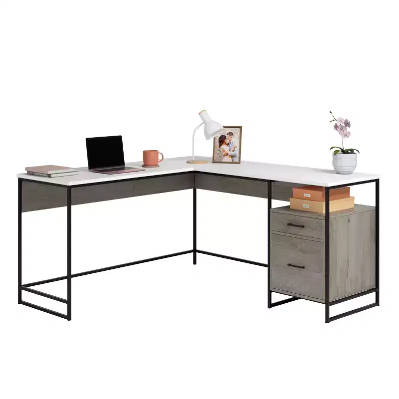 GDFStudio Rowan 59 Wood and Metal L-Shaped Office Desk with File Storage Drawer