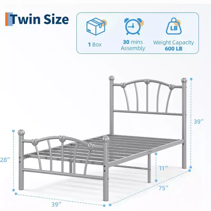 Twin Size Bed with Headboard and Footboard, Heart Shaped Platform Bed Frames, Heavy Metal Slat Support, Noiseless, No Box Spring Needed