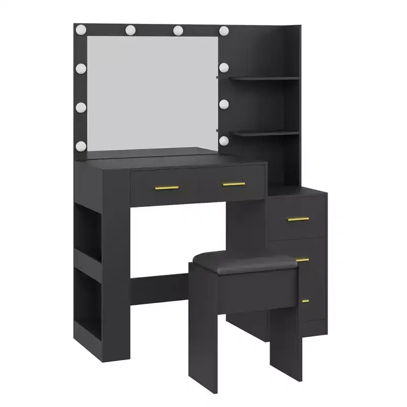 Makeup Vanity with Mirror and Stool, Power Outlet, Hairdryer Holder, Lighted Vanity Table with 10 Bulbs, 5 Drawers, Dressing Table for Bedroom