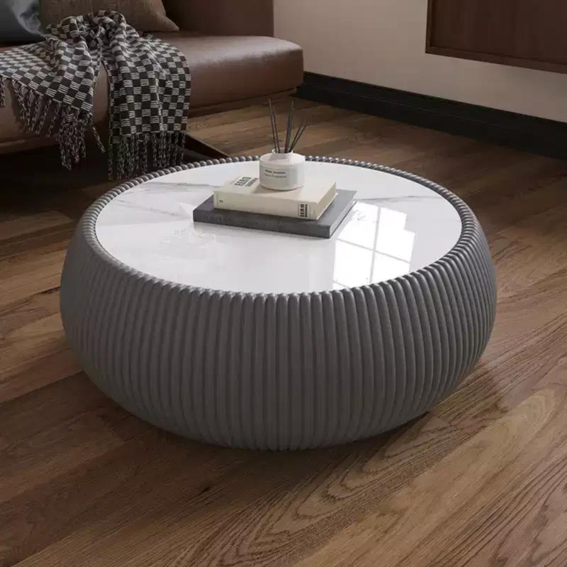 Drum-Shaped Leather Coffee Table with Sintered Stone Top and Grey Pattern