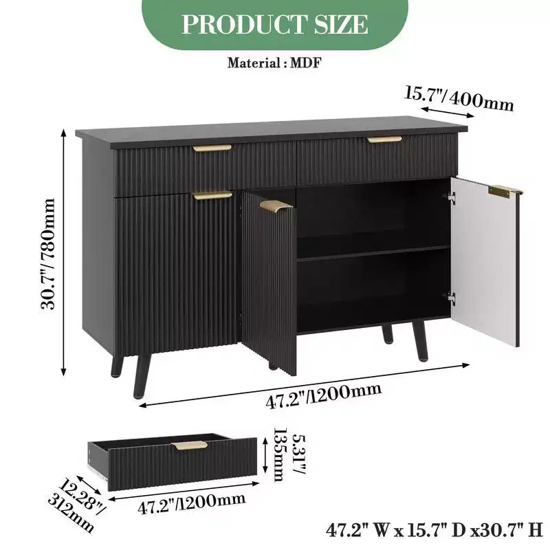 Fluted Sideboard Buffet Cabinet, 47inch Large Wooden Freestanding Coffee Bar Storage Cabinet