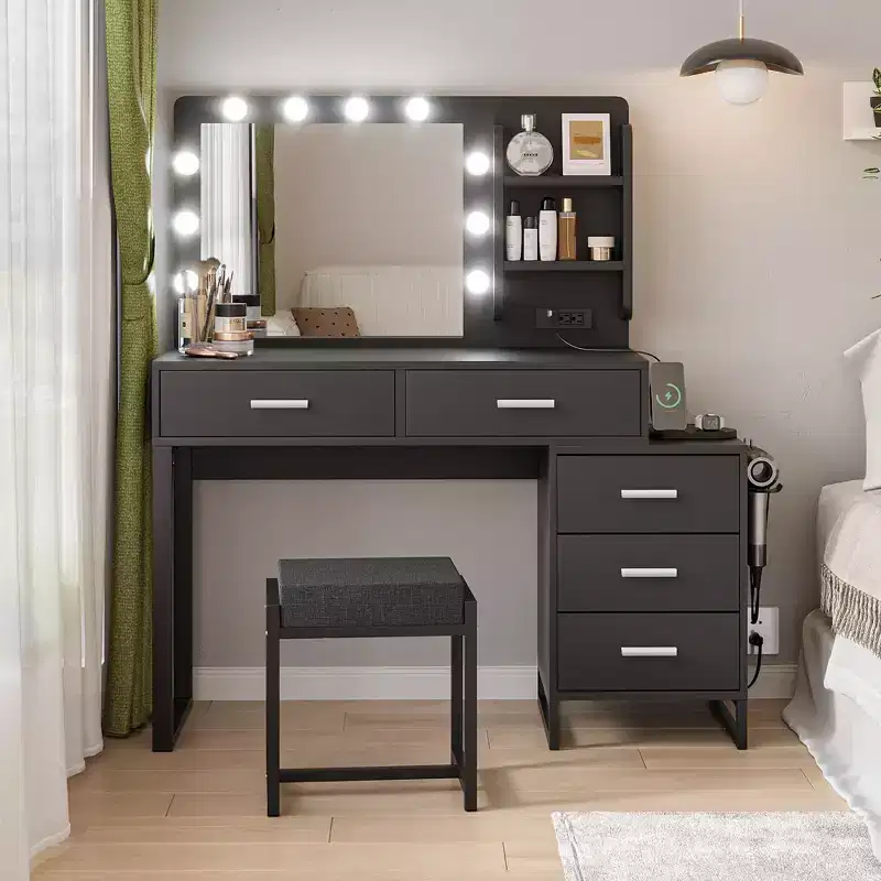 Okak 47 Vanity Desk with Large Mirror, Dressing Table Set with Charging Station, Makeup Vanity with 5 Drawers and Cabinet for Bedroom