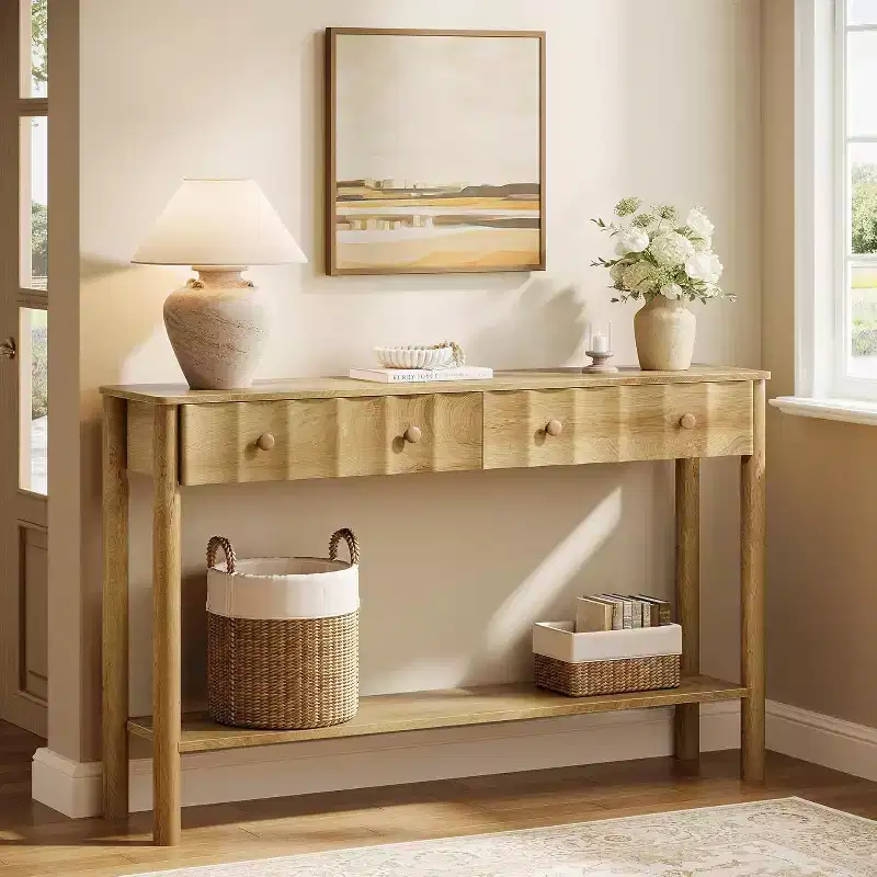 55-Inch Console Table with 2 Drawers, Fluted Entryway and Narrow Sofa Table with Open Shelf for Living Room, Hallway, Foyer, Light Oak