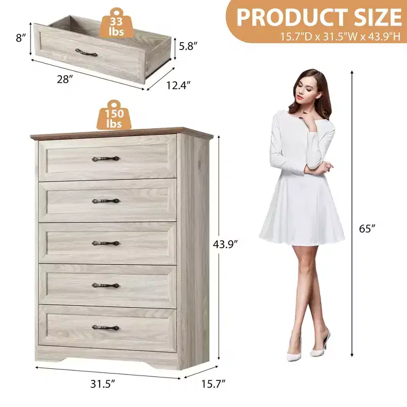 Dresser For Bedroom,5 Drawer Dressers Chests of Drawers,Modern Tall Dresser, Wood Drawer Chest Storage Cabinet for Living Room, Hallway, Entryway