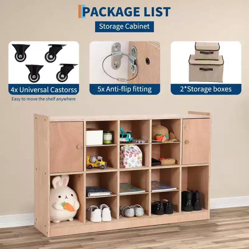 TROPOW Organizer Cubes with 2 Anti-Flip Fittings, 4 Castors and 2 Boxes for Home, School, Kindergarten, Natural