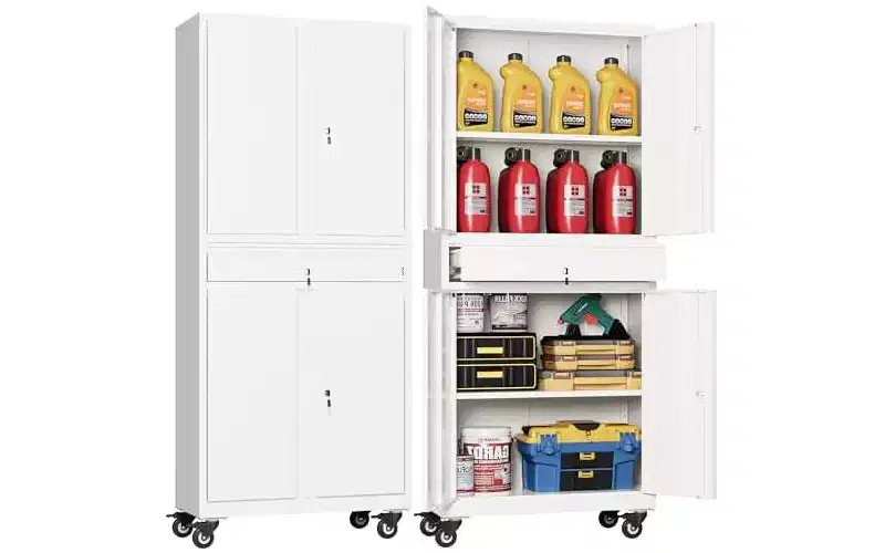 Metal Garage Storage Cabinet with Locking Doors and Flexible Shelves, Rolling Tool Cabinet with Drawer for Garage, Warehouse, Home, White