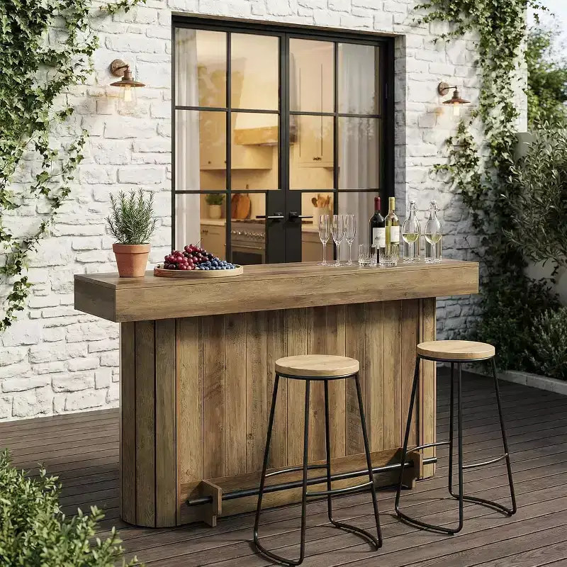 Lantine Bar Table, 63-Inch Wooden Home Bar Unit with Metal Footrest, Pub Table with Storage Shelves for Living Room, Bistro, Dining Room (Brown)