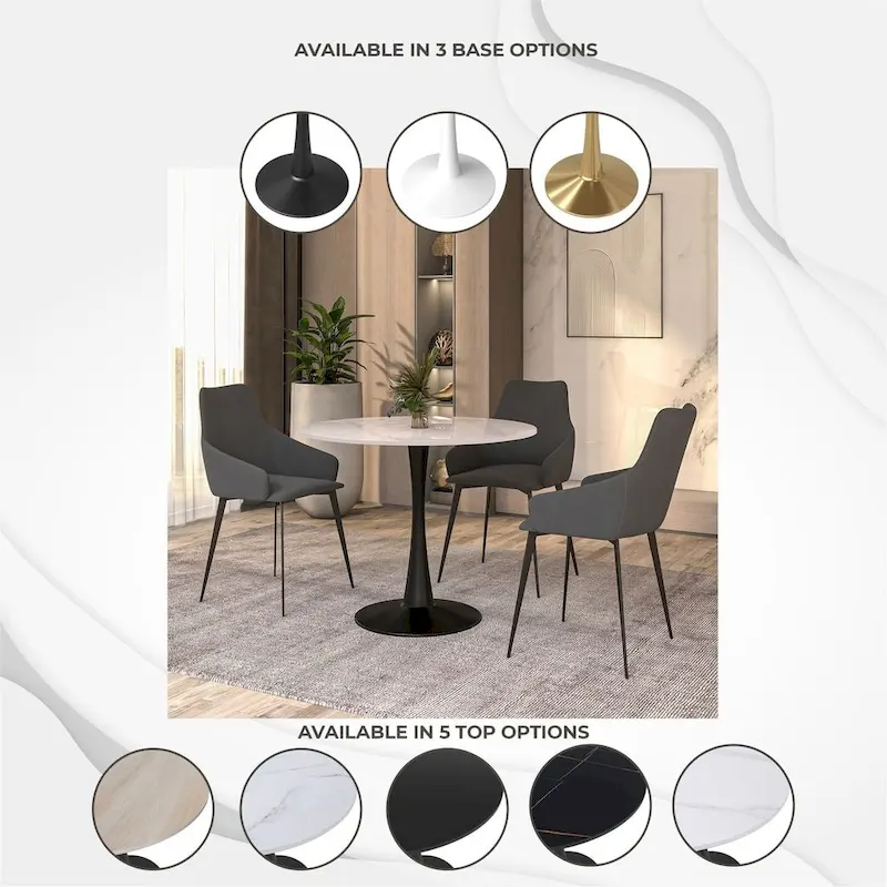 35in Round Dining Table with Sintered Stone Tabletop, Black Steel Pedestal Base, Scratch-Resistant