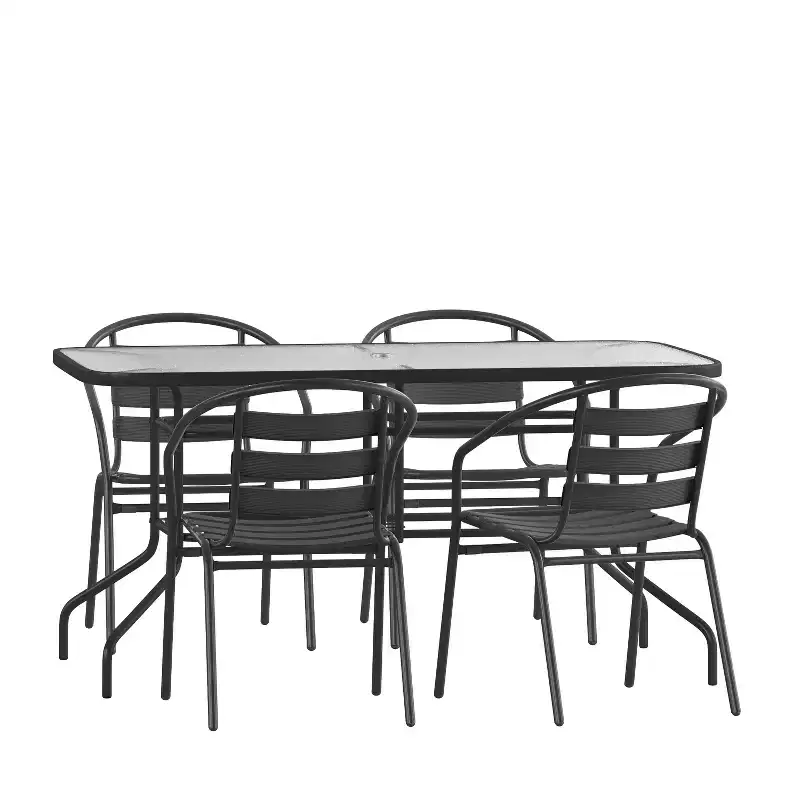 Flash Furniture 5 Piece Outdoor Patio Dining Set - 55 Tempered Glass Patio Table with Umbrella Hole, 4 Black Metal Aluminum Slat Stack Chairs