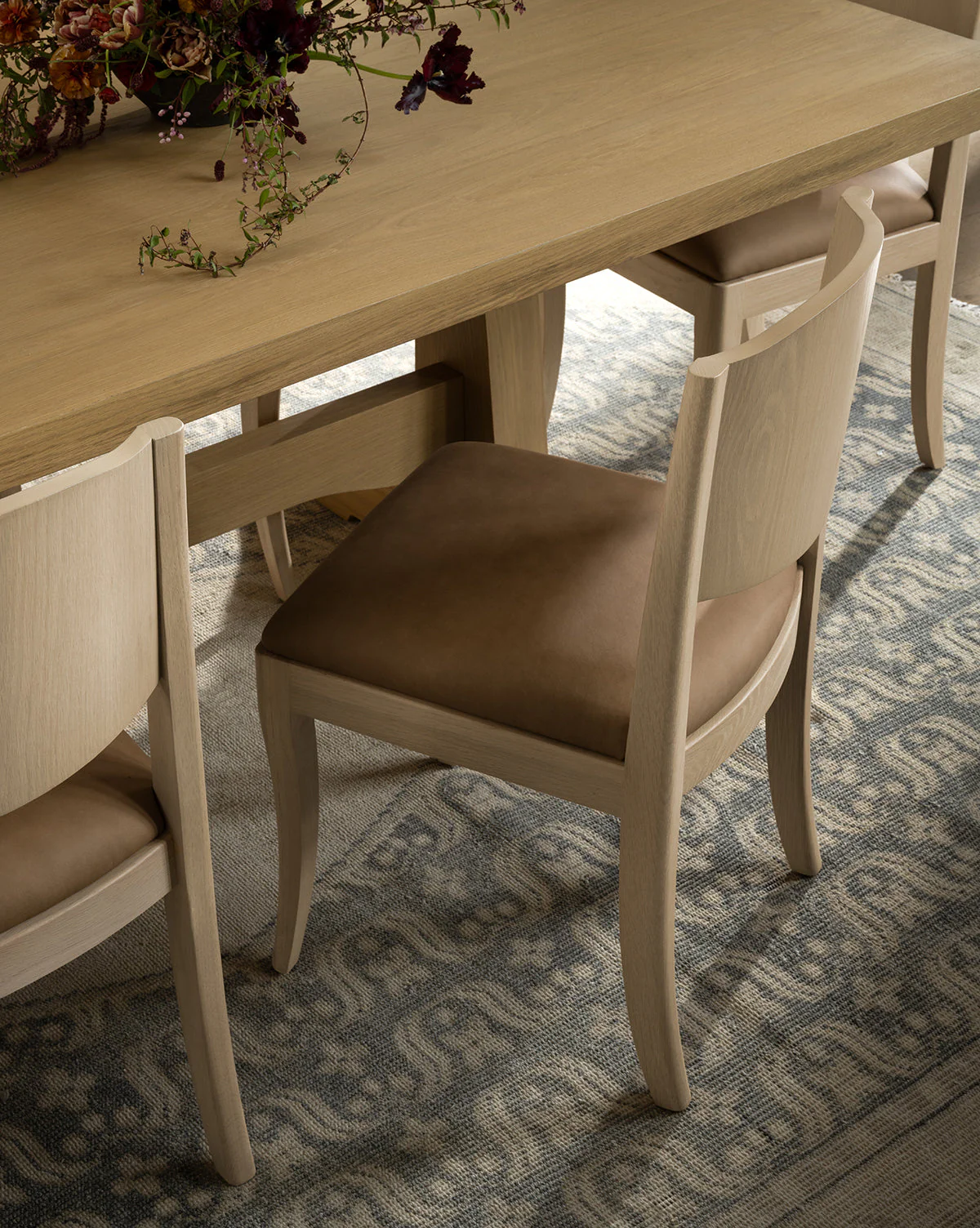 Classic White Oak Dining Chair with Curved Details & Upholstered Seat for Dining Room