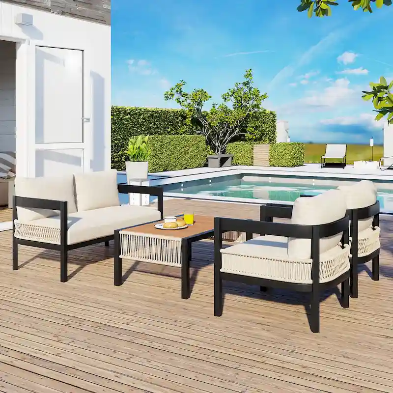 4 Pcs Outdoor Furniture Set, All-Weather Patio Conversation Set with Resistant Cushions, Sofa Chair and Coffee Table