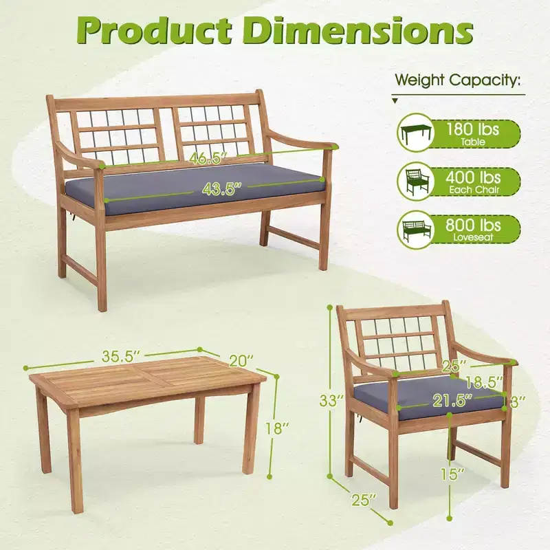 Costway 4 PCS Wood Patio Furniture Set with Soft Seat Cushions Solid Acacia Wood Frame Off White/Gray