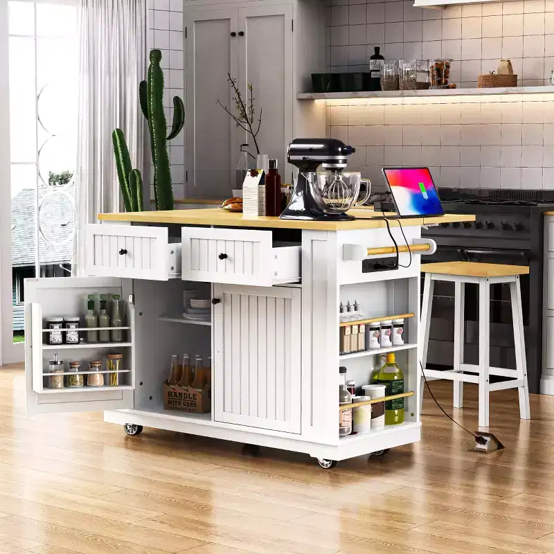 Kitchen Island with Drop Leaf, Power Outlet, 5 Wheels and 5 Open Side Racks, White